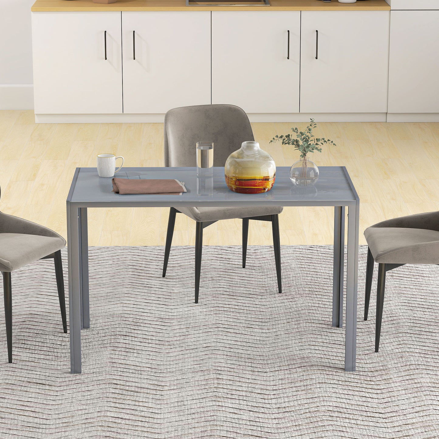 HOMCOM 120cm Dining Table, Rectangle 4 Seater Kitchen Table with Tempered Glass Top and Metal Legs, Grey