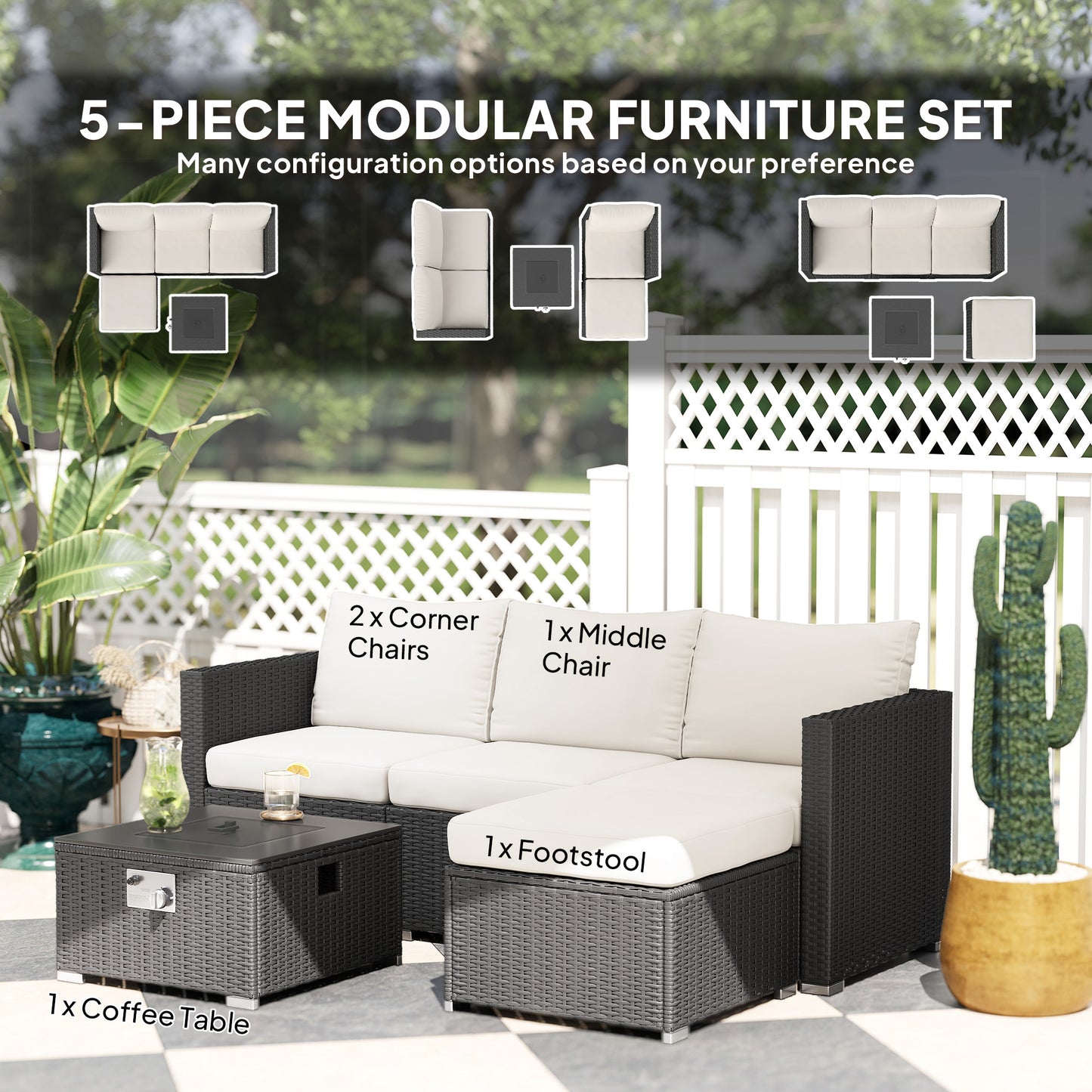Outsunny Five Piece Rattan Garden Furniture Set with Gas Fire Pit Table and Footstool - Black and Cream White