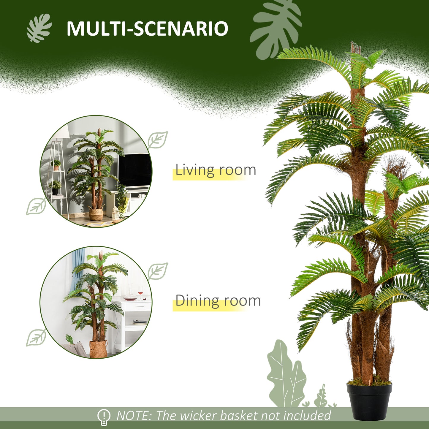 Outsunny Artificial Plant Tropical Palm in Pot, Fake Plants for Home Indoor Decor, 150cm, Green