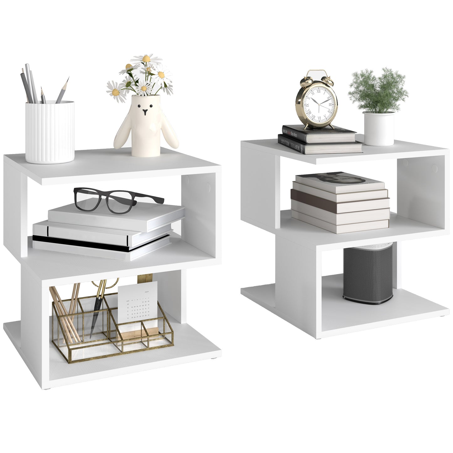HOMCOM Set of 2 Side Table, Square Coffee Table, Modern End Table with 2 Tier Storage Shelves for Living Room, Bedroom, White