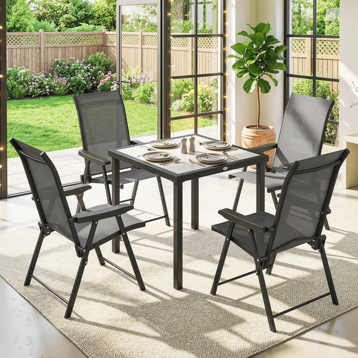 Outsunny 5 Pieces Outdoor Dining Set, Garden Dining Set for 4 with Square Table and Folding Chairs, Grey
