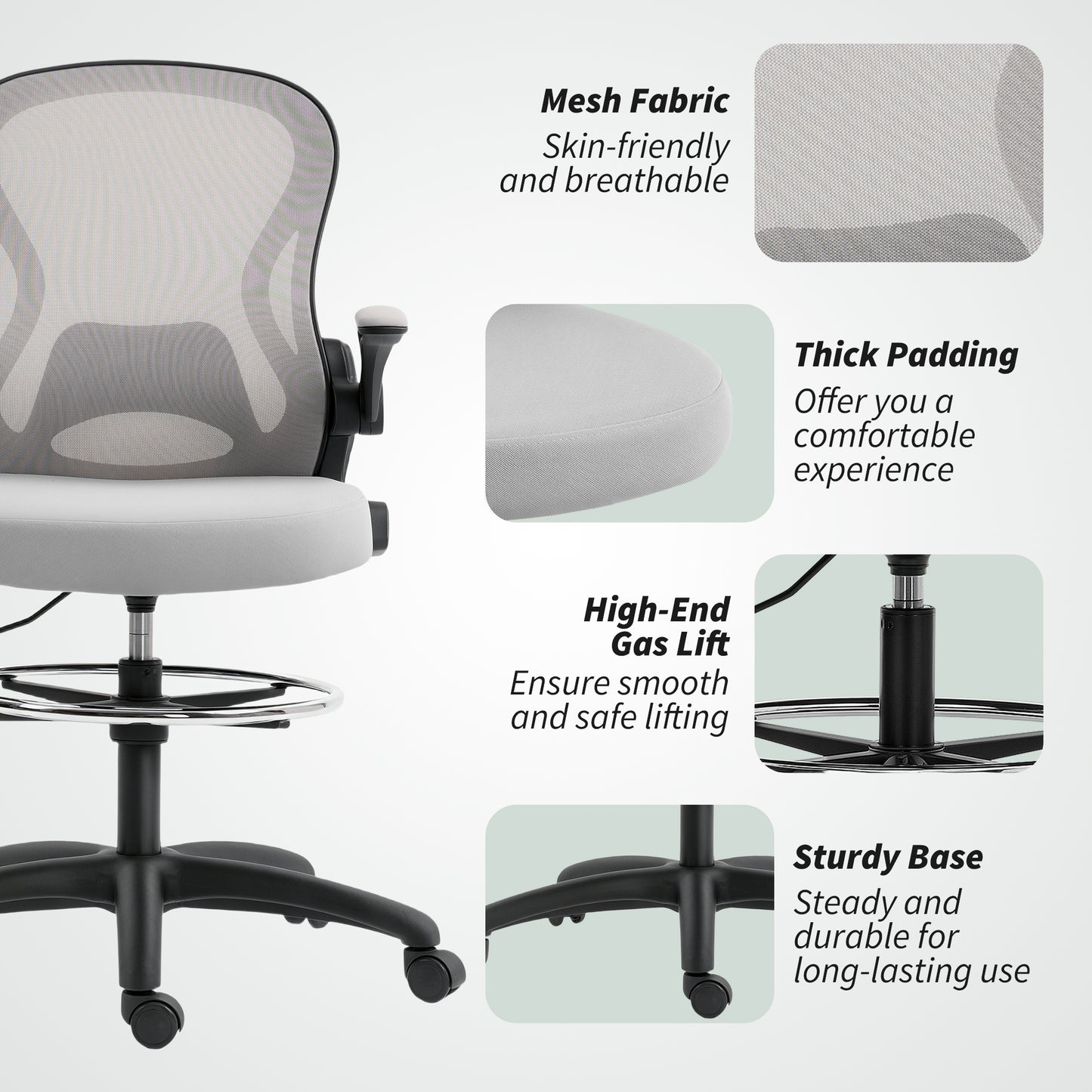 Vinsetto Adjustable Mesh Standing Desk Chair with Flip-up Armrests Lumbar Support Armrests Adjustable Footrest Ring Grey