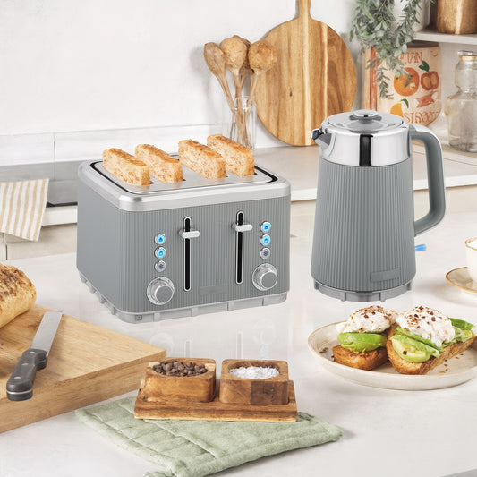 HOMCOM Electric Stainless Steel Kettle and Toaster Set, 3000W 1.7L UK Strix Thermostat Fast Boil Kettle w/ Limescale Filter, Cool Touch Body, 4 Slice Toaster with 7 Browning Levels, Crumb Tray, Taupe