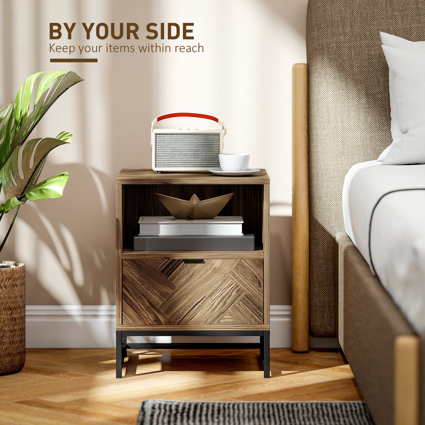 HOMCOM Bedside Table with Drawer and Shelf, Side End Table with Steel Legs for Living Room, Bedroom, Brown Wood Effect