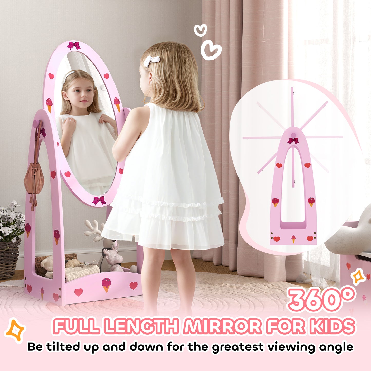AIYAPLAY Kids Clothes Rail, Kids Dressing Mirror with 360° Rotating, 2 Piece Kids Furniture Set with Storage Shelves, Pink