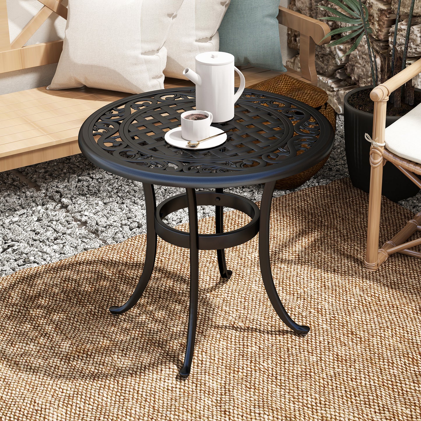 Outsunny Outdoor Garden Table, Cast Aluminium Patio End Table with Anti-slip Foot Pads for Garden, Patio, Balcony, 60 x 52.5cm, Black