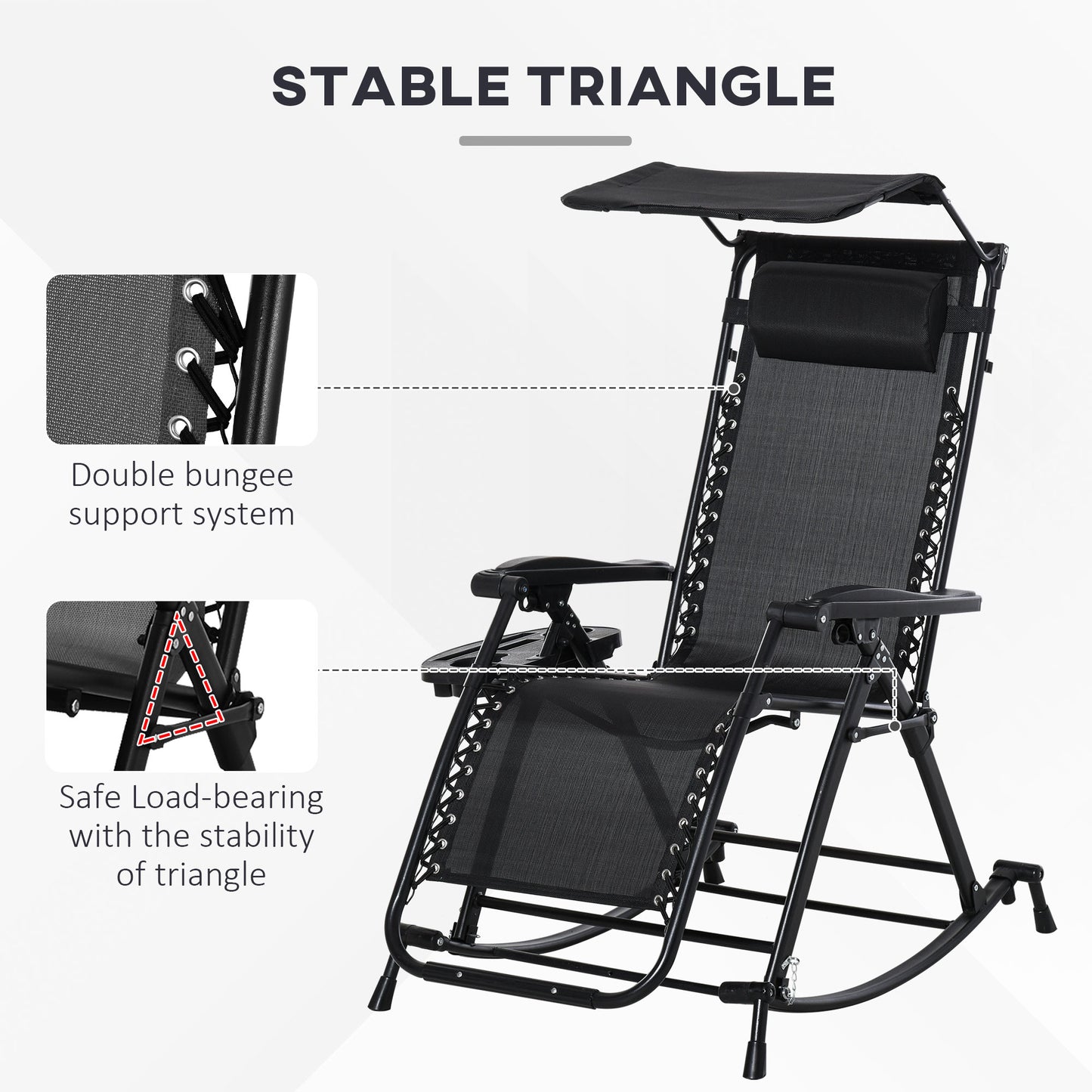 Outsunny Garden Rocking Chair Folding Recliner Outdoor Adjustable Sun Lounger Rocker Zero-Gravity Seat with Headrest Side Holder Patio Deck - Black