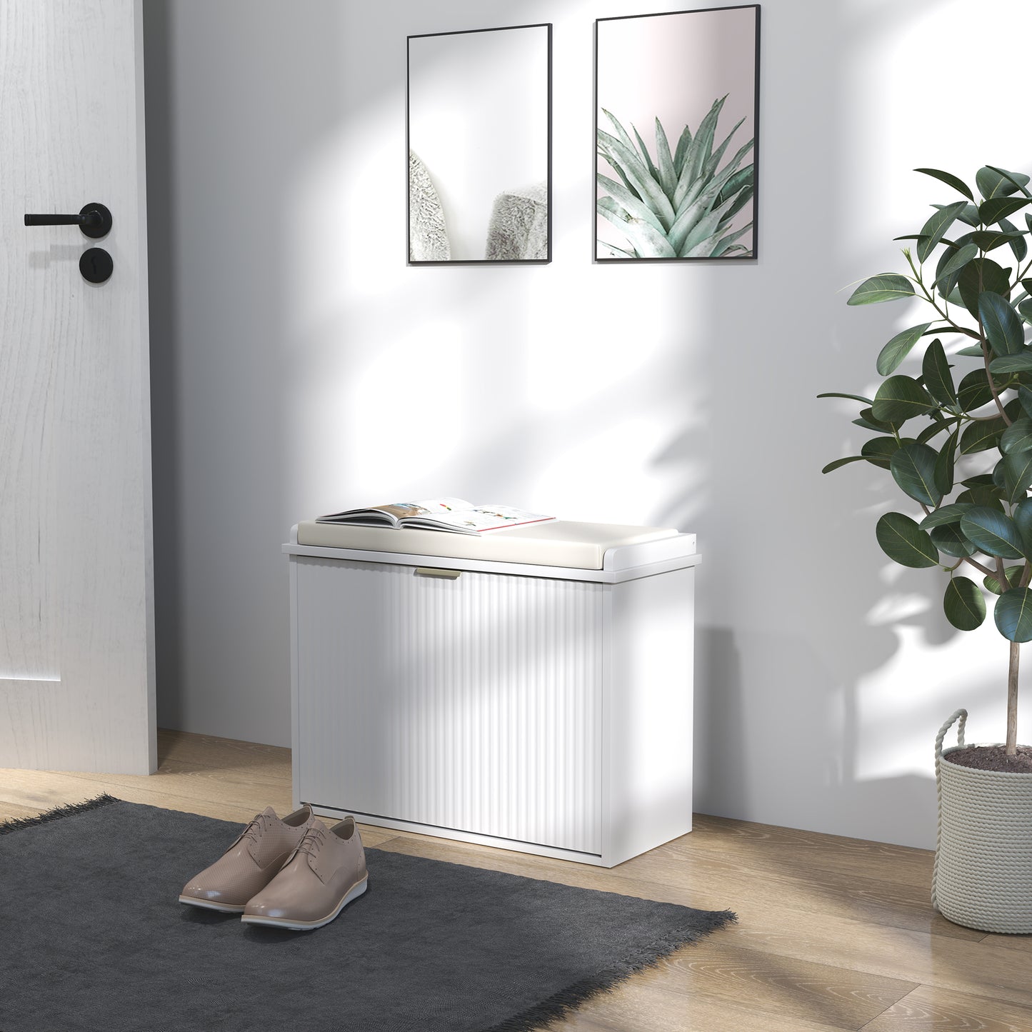 HOMCOM Elegant Six Shoe Bench, with Top Seat - White