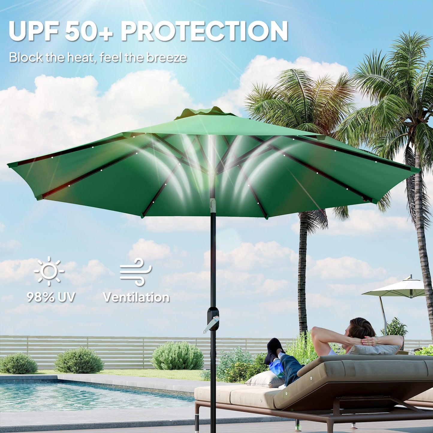 Outsunny 3 m Replacement Parasol Canopy with Top Vent, UPF 50+ Garden Parasol Replacement Canopy, 8 Rib Parasol Cover Replacement Fits Various Frames, Green