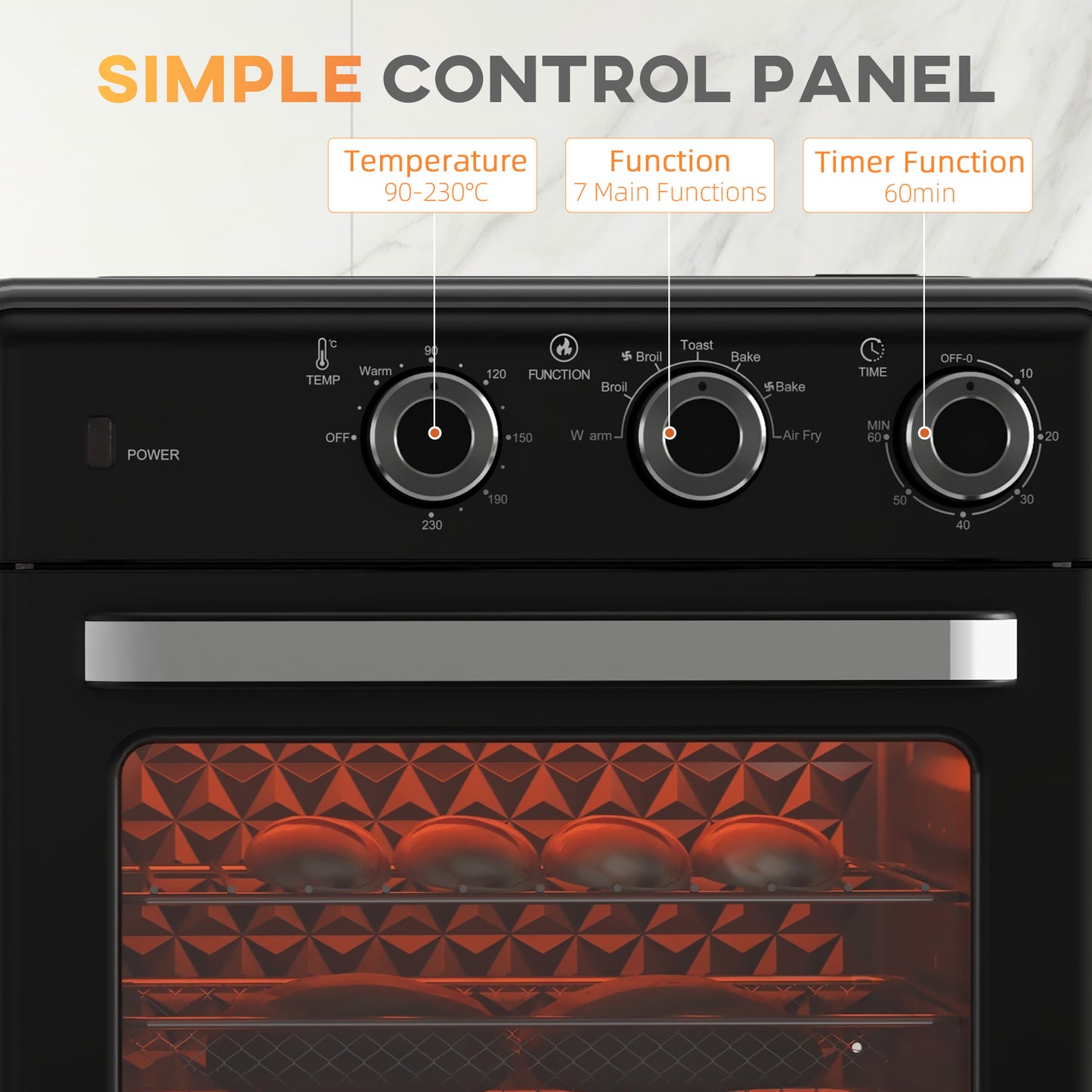 HOMCOM 20L 90-230 Mini Convection Oven, with Air Fry Function - Black