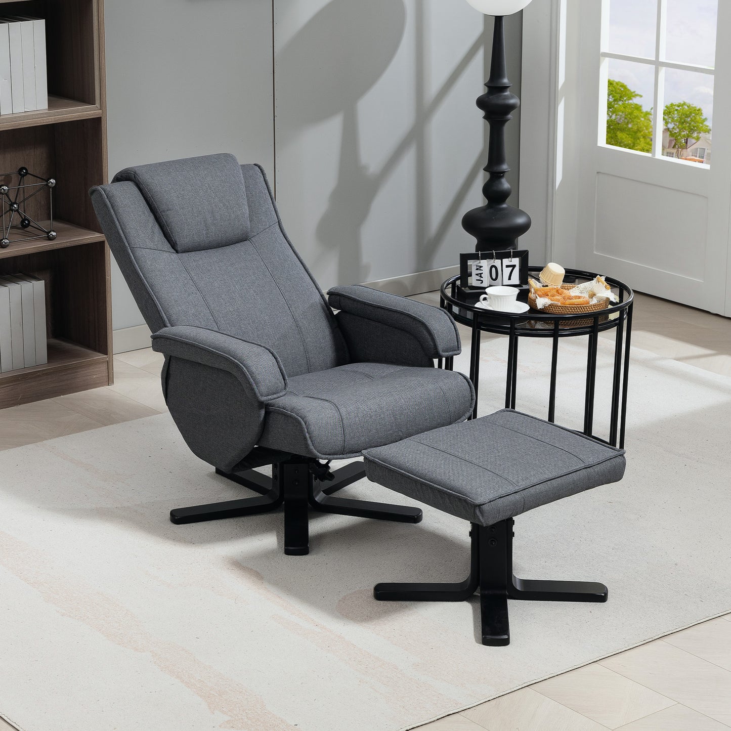HOMCOM Swivel Recliner Chair with Footstool - Charcoal Grey Linen