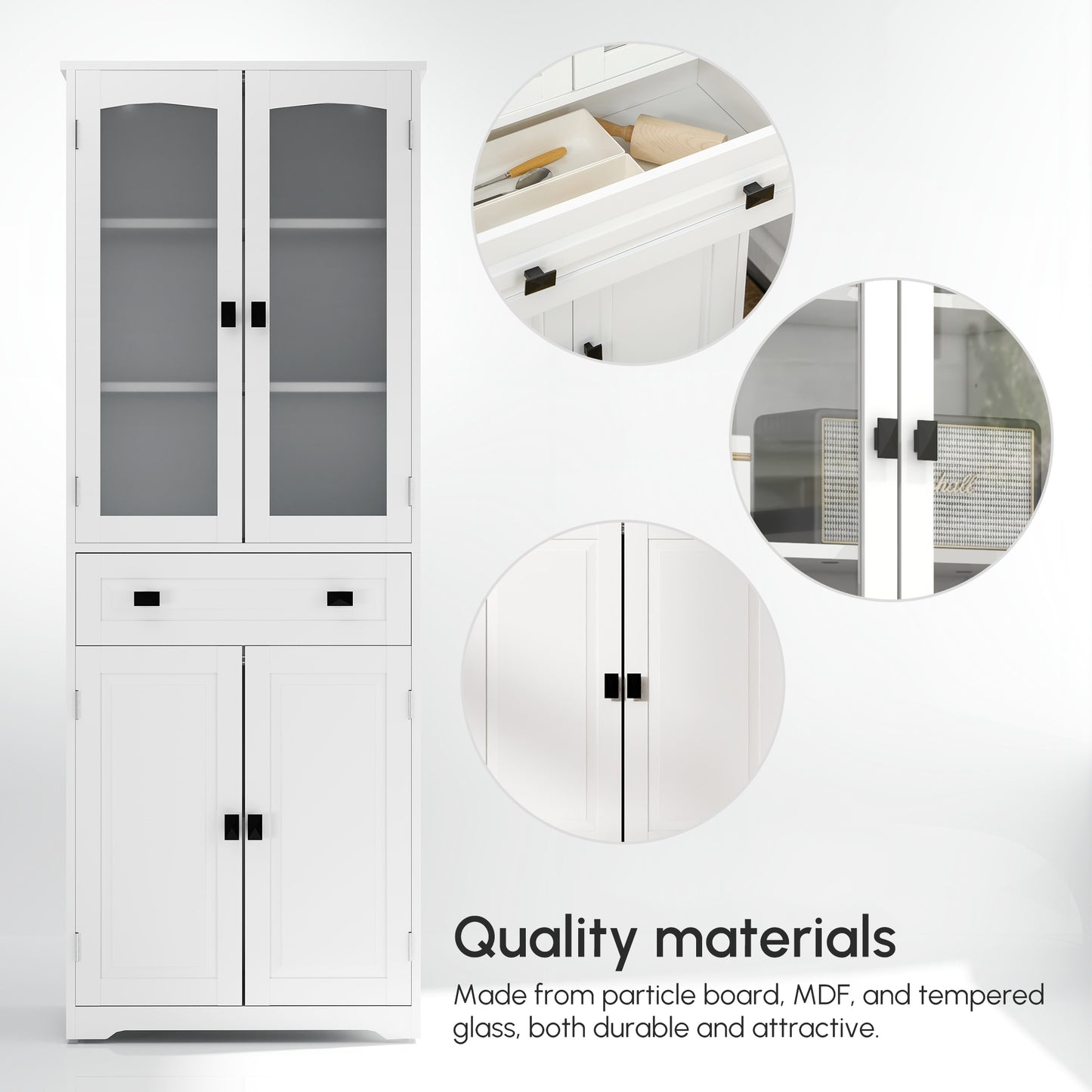 HOMCOM Kitchen Cupboard, Freestanding Storage Cabinet with 2 Adjustable Shelves, Drawer and Glass Door for Living Room, Dining Room, 160cm, White