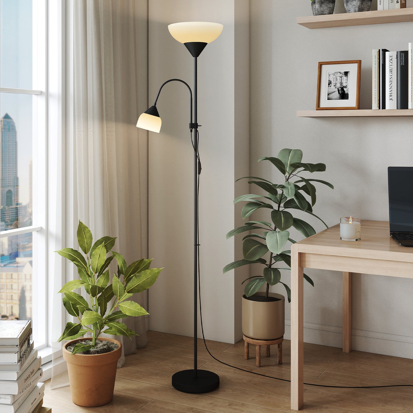 HOMCOM LED Floor Lamp for Living Room, 180cm Tall Standing Lamp, Mother and Child Uplighter with Adjustable Gooseneck, 3000K/4500K/6500K Colour Temperatures, Black