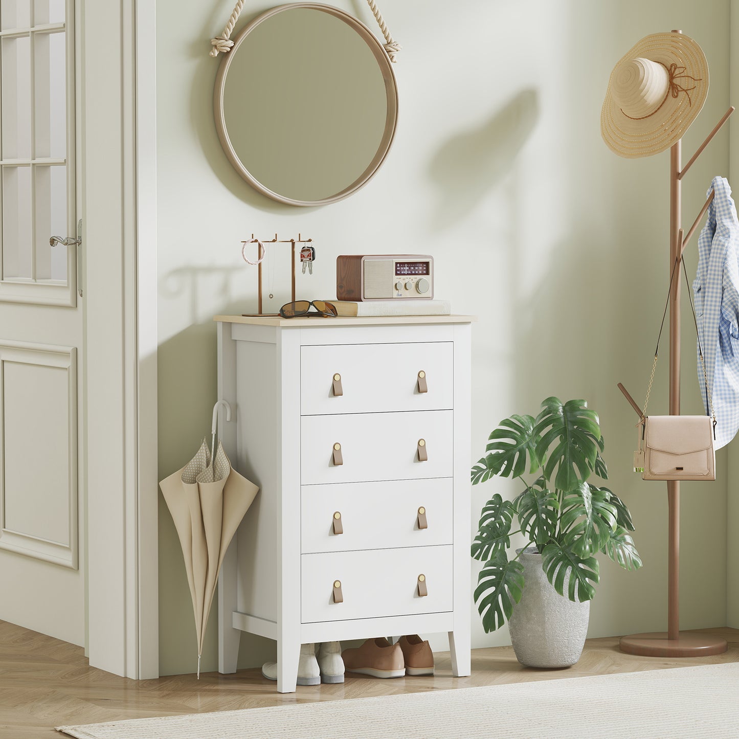 HOMCOM Bedroom Chest of Drawers, Modern 4 Drawer Dresser Cabinet with PU Leather Handles and Metal Runners for Living Room, Hallway, Entryway, 60 x 40 x 98 cm, White