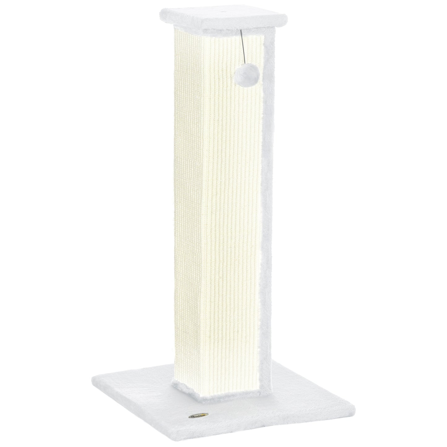 PawHut 81cm Cat Scratcher, Vertical Full Scratcher w/ Natural Sisal Rope, Hanging Ball, Soft Plush - White