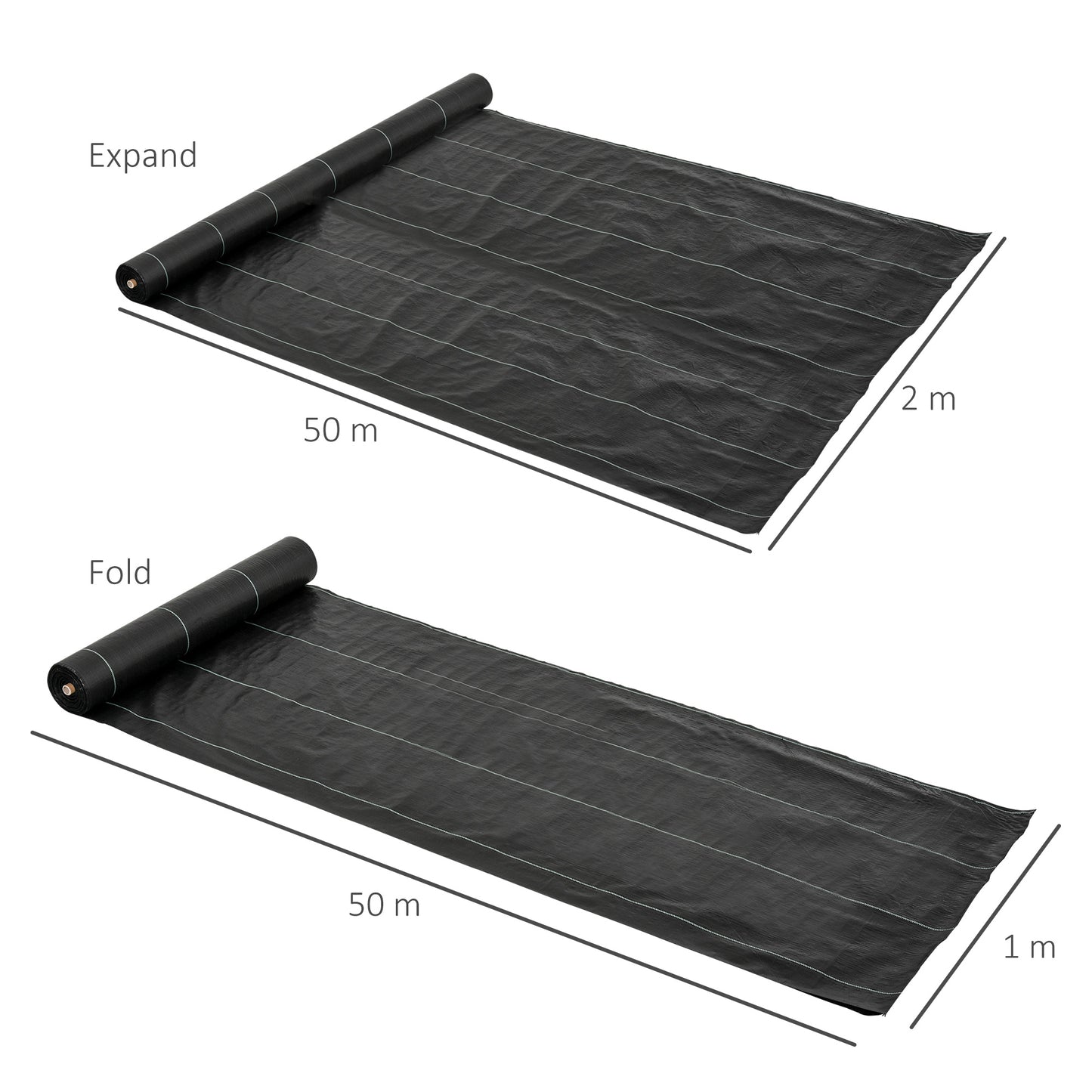 Outsunny 2m x 50m Weed Control Membrane, Heavy Duty Weed Control Barrier Fabric, 90gsm Ground Cover for Patios, Garden, Flower beds, Landscaping