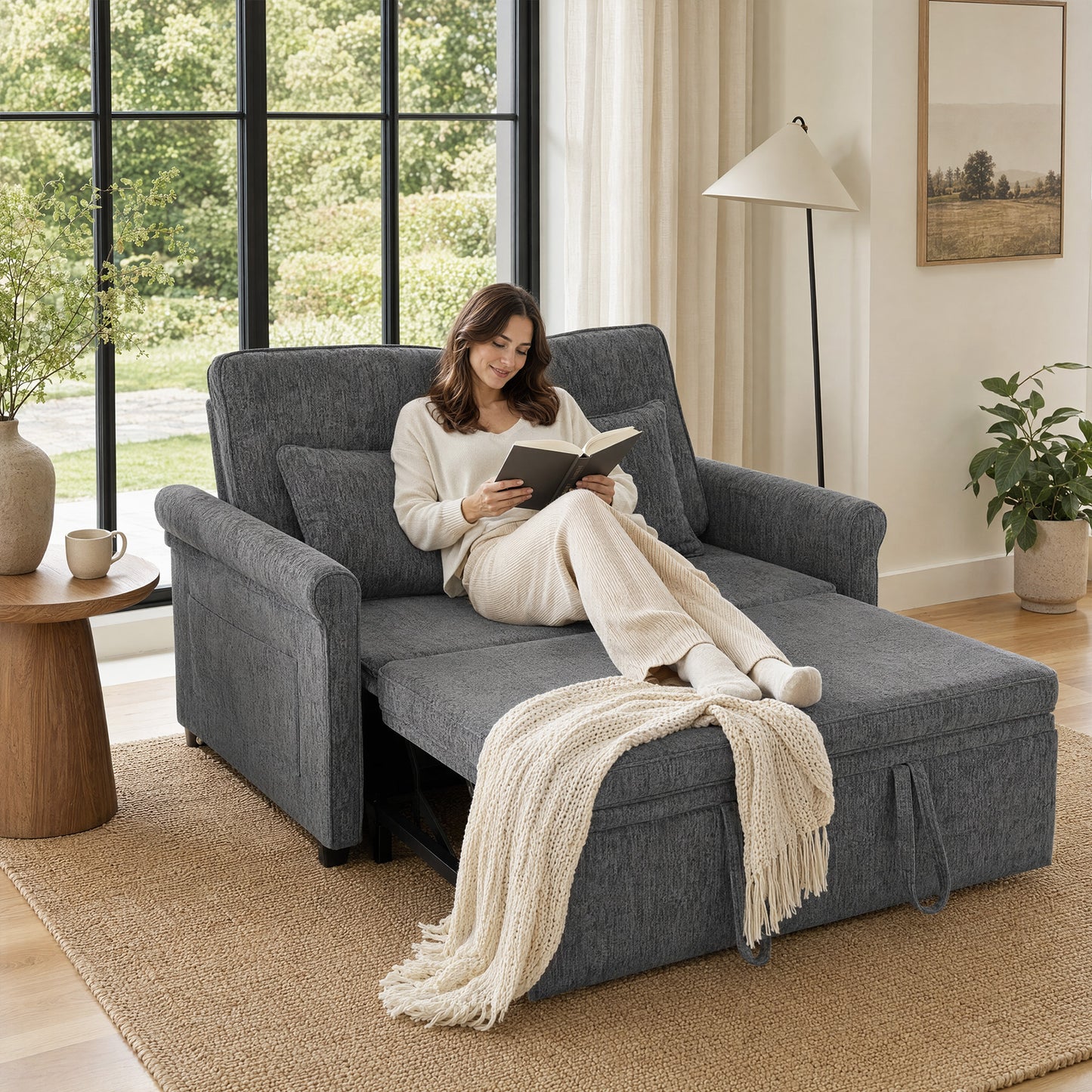 HOMCOM 2 Seater Sofa Bed 3-in-1 Convertible Chenille Pull Out Sleeper Sofa with 5-Position Adjustable Backrest, Grey