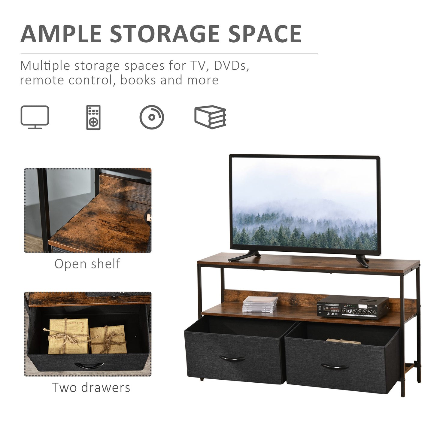 HOMCOM TV Stand Cabinet with 2 Foldable Drawers - Rustic Brown