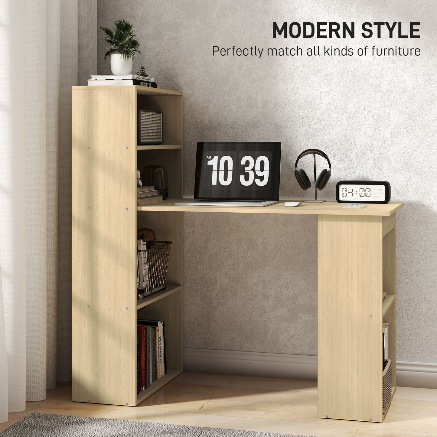 HOMCOM 120cm Computer Desk, Wooden PC Laptop Table with 6-Tier Storage Bookshelves, Home Office Working Study Desk, Writing Workstation, Natural Wood