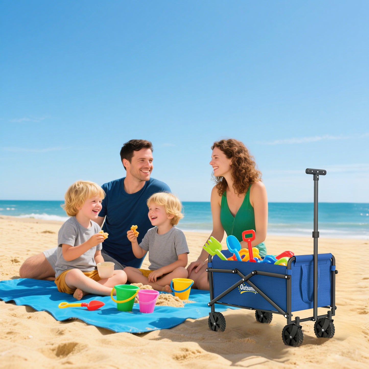 Outsunny 62L Festival Trolley on Wheels, Portable Small Folding Trolley Cart, 60kg Heavy Duty Collapsible Foldable Wagon with Adjustable Handle and Carrying Bag for Beach, Camping, Garden, Blue