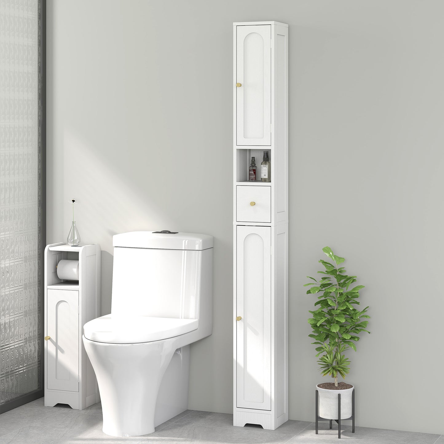 HOMCOM 185 cm Tall Bathroom Cabinet with Arched Doors - White