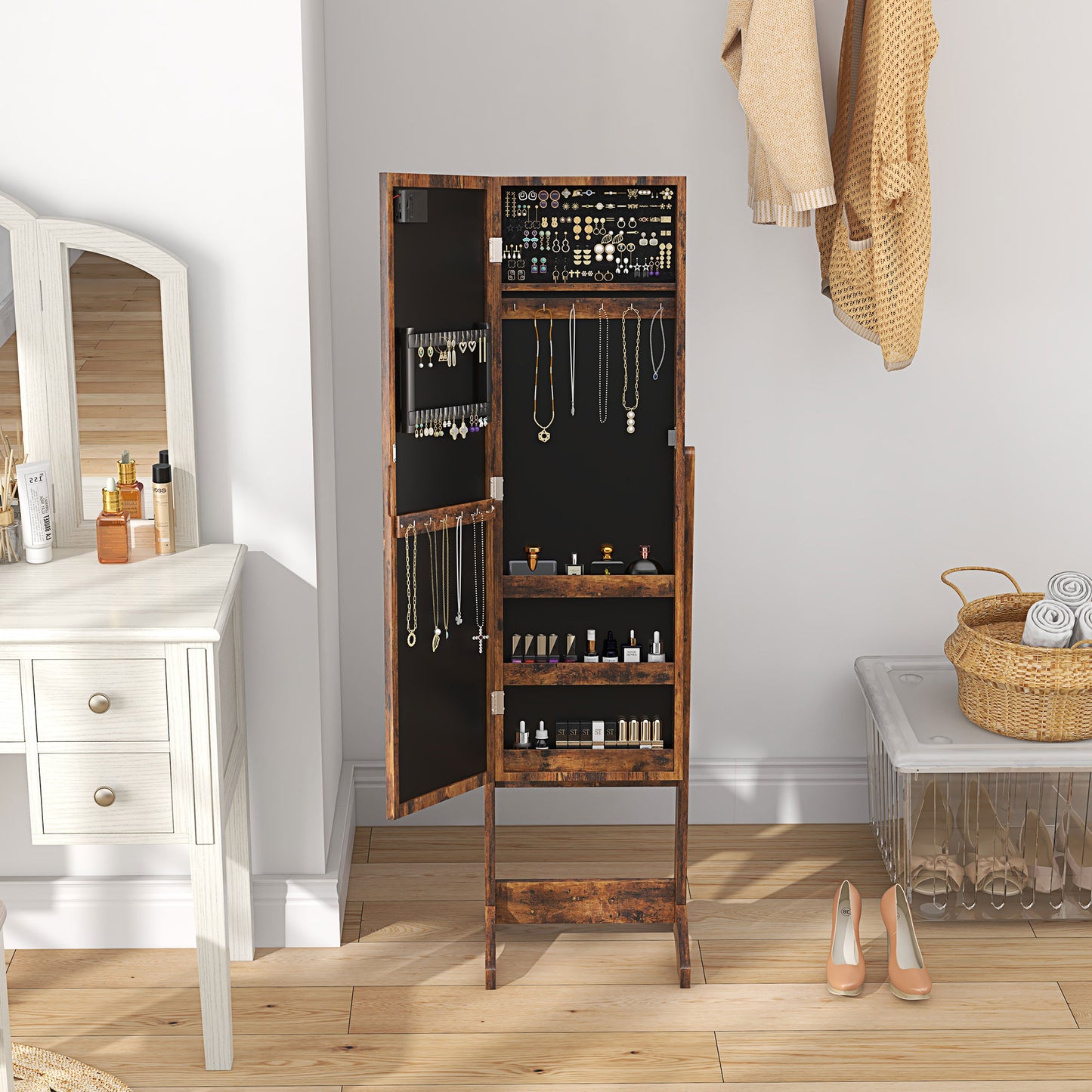 HOMCOM Freestanding Mirrored Jewellery Storage Cabinet - Wood-Effect