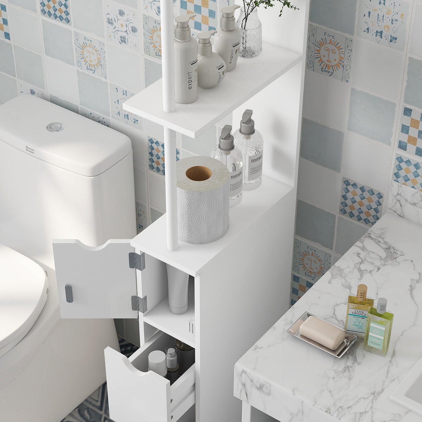 HOMCOM Slim Bathroom Storage Cabinet with Drawers, Tall Bathroom Cupboard with 2-Tier Shelf, White