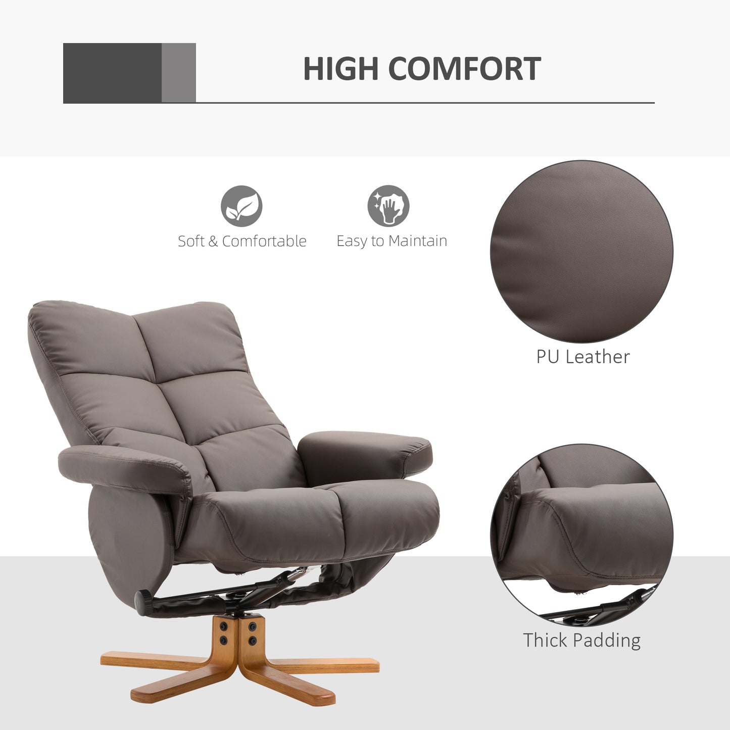 HOMCOM PU Leather Swivel Recliner Chair with Footstool, Wooden Base and Storage for Living Room, Brown