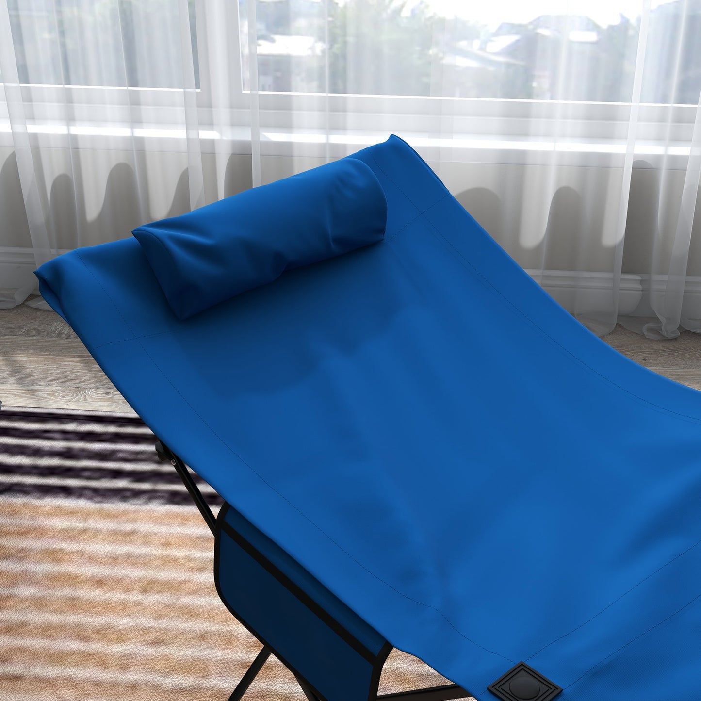 Outsunny Camping Bed for Adults, Single Folding Camp Bed, Portable Camping Cot with Side Pocket, Headrest and Oxford Seat for Outdoor, Travel, Fishing, Dark Blue