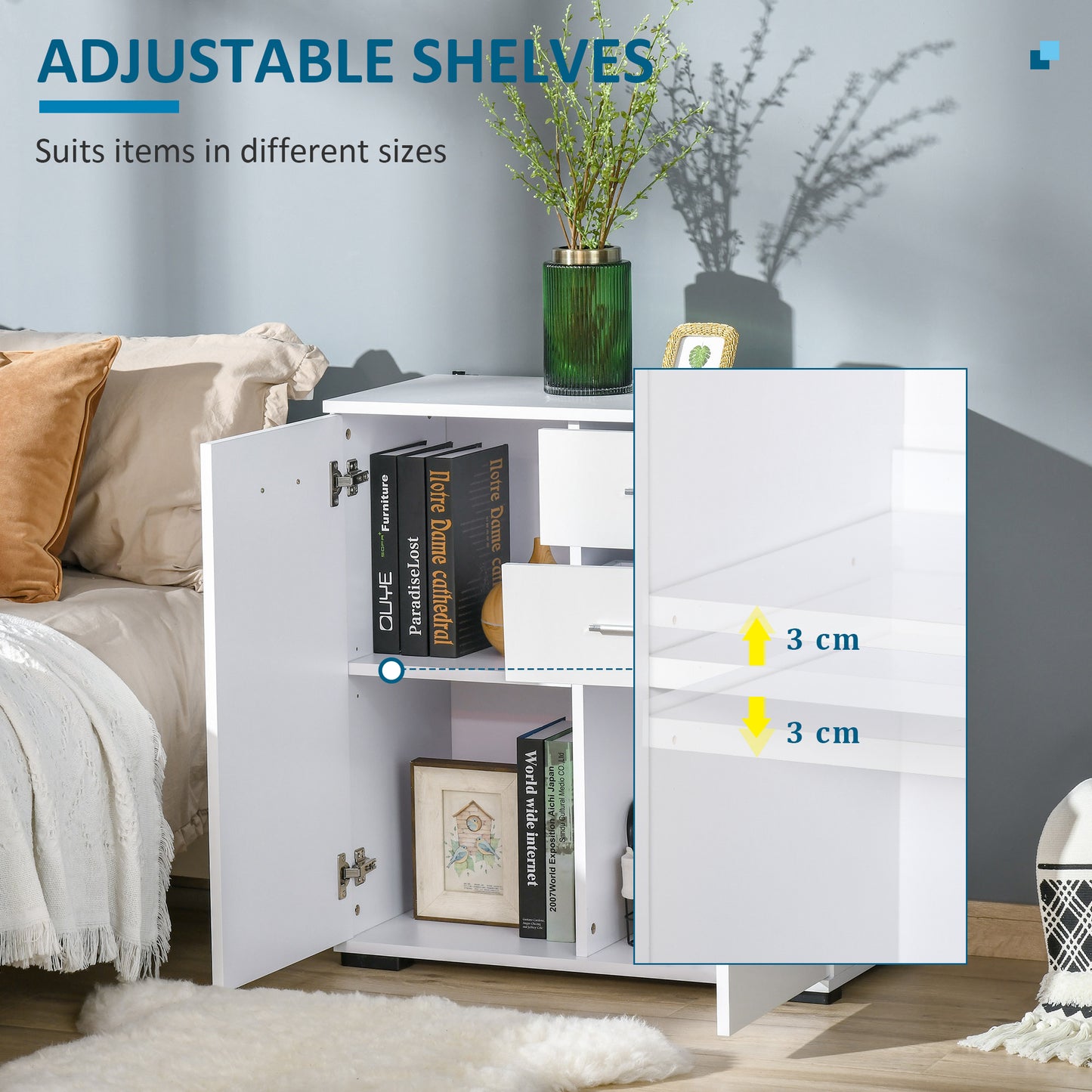 HOMCOM Sideboard, Modern Storage Cabinet with 2 Drawers, 2 Doors and Adjustable Shelf, Kitchen Cabinet for Living Room, Dining Room, High Gloss White