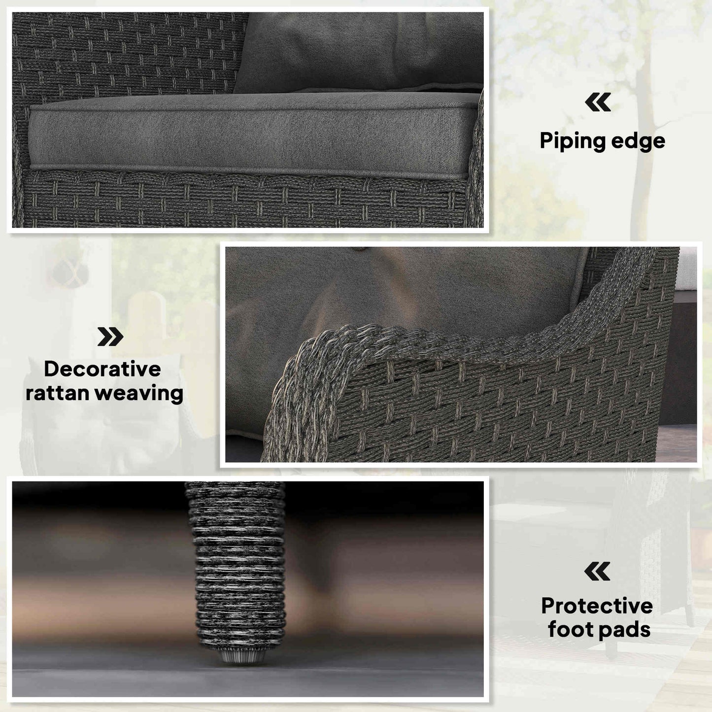 Outsunny Rattan Garden Chairs Set of 2, Outdoor Rattan Chairs with Cushions, Armrests and High Back, PE Wicker Garden Armchair with Steel Frame for Balcony, Porch, Dark Grey