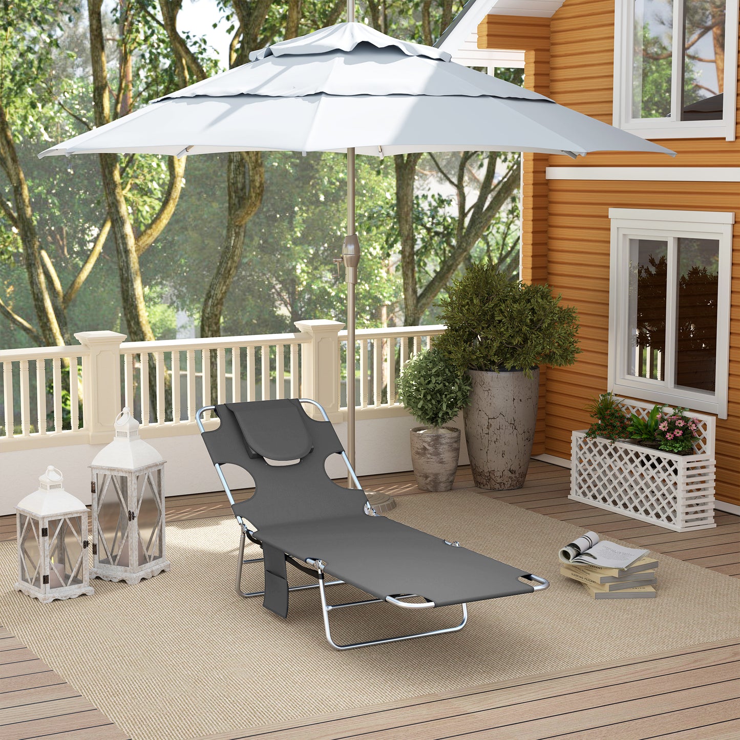 Outsunny Foldable Sun Lounger Set of 2, Beach Chaise Lounge with Reading Hole, Arm Slots, 5-Position Adjustable Backrest, Side Pocket, Pillow for Garden, Beach, Pool, Dark Grey