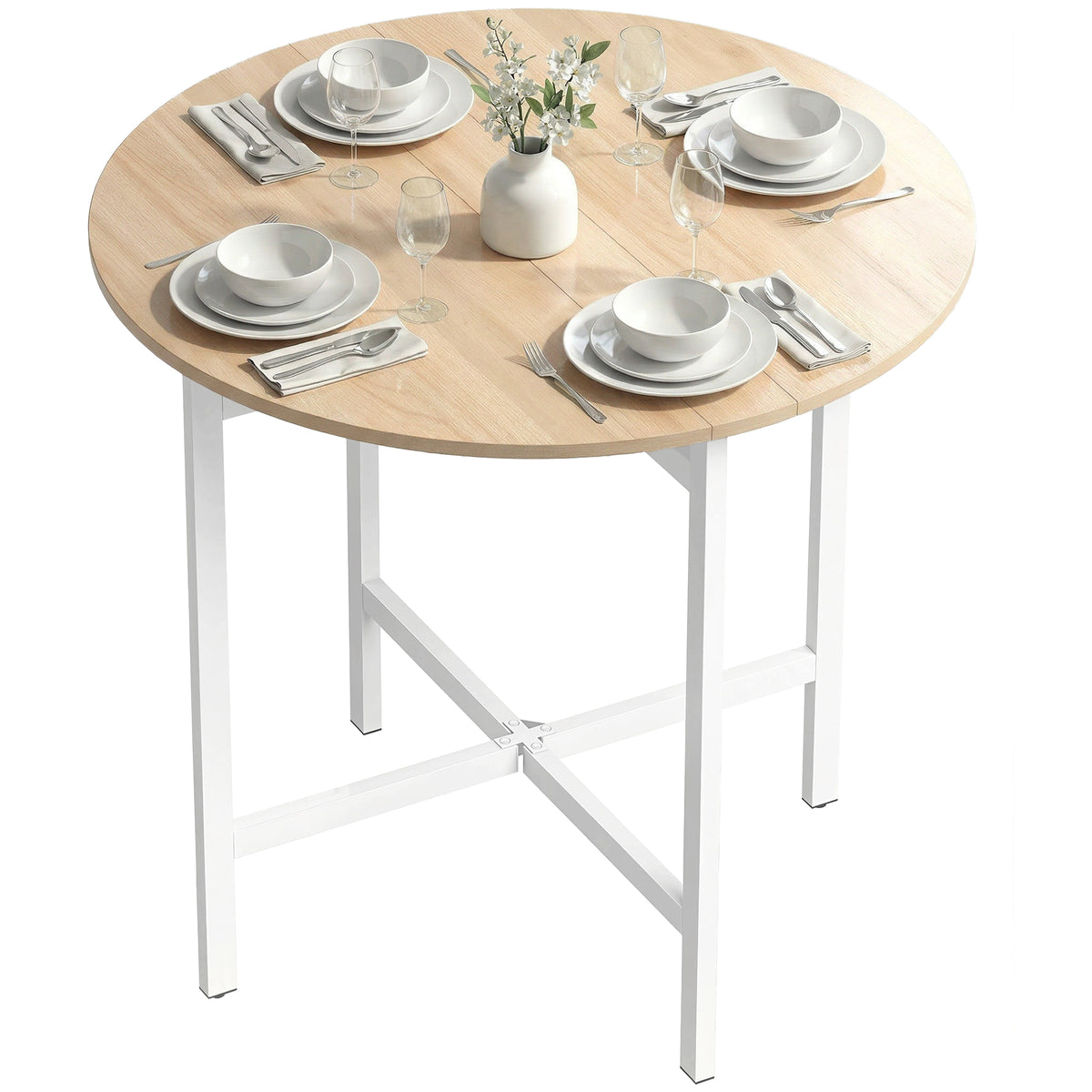 HOMCOM Folding Dining Table, Drop Leaf Extendable Kitchen Table for Small Spaces, Steel Frame, Natural Wood Finish