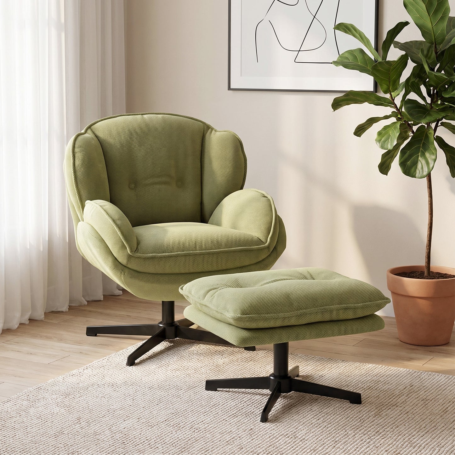 HOMCOM Armchair with Adjustable Footstool, 360° Swivel Chenille Cloud Accent Chair with Thick Cushion, Steel Base, Green