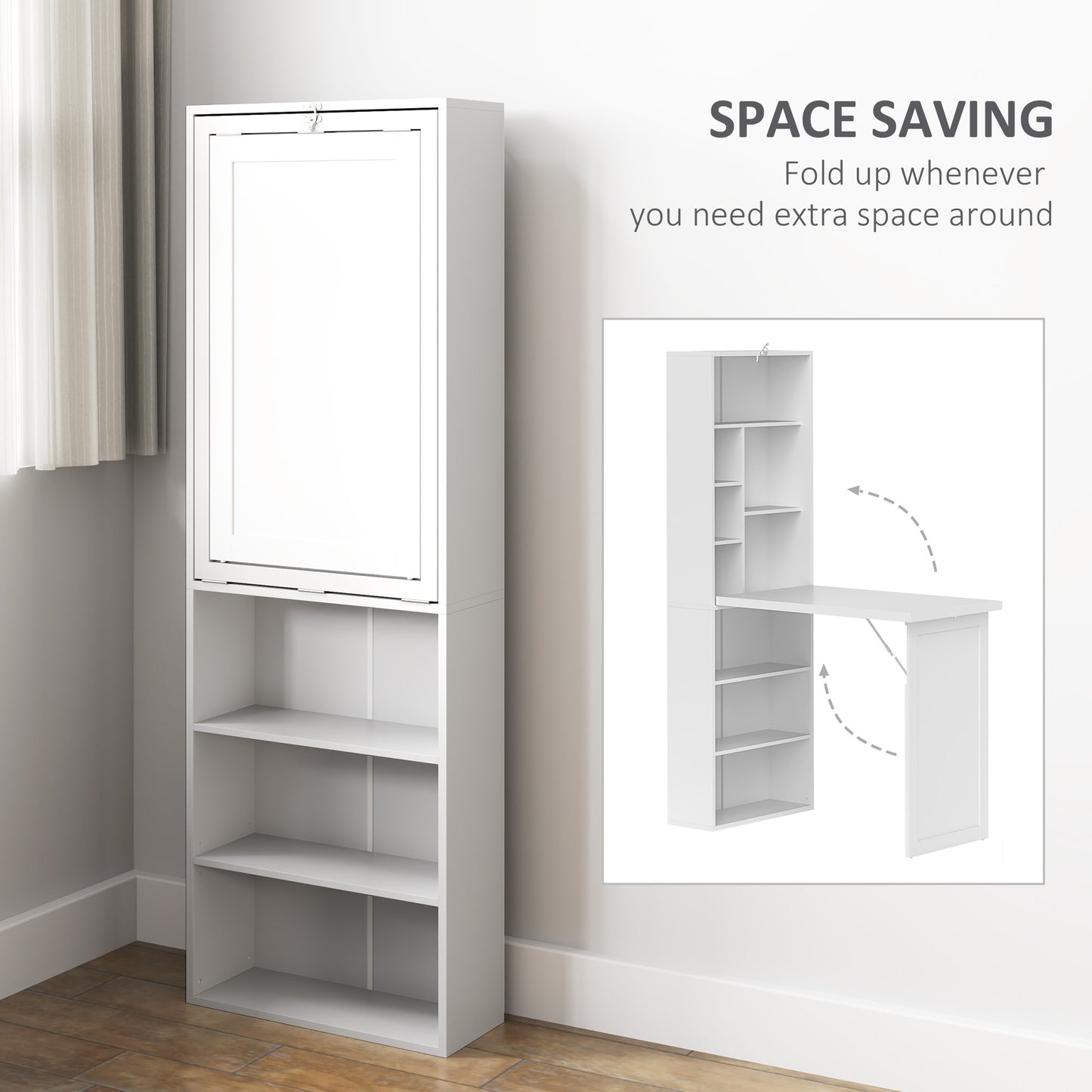 HOMCOM Fold-Out Desk 98cm with Storage and Writing Board, White
