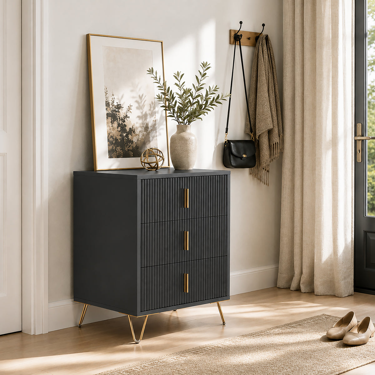 HOMCOM Modern 3-Drawer Dresser, Fluted Bedroom Dresser Chest of Drawers with Metal Legs and Steel Handles for Bedroom, Black