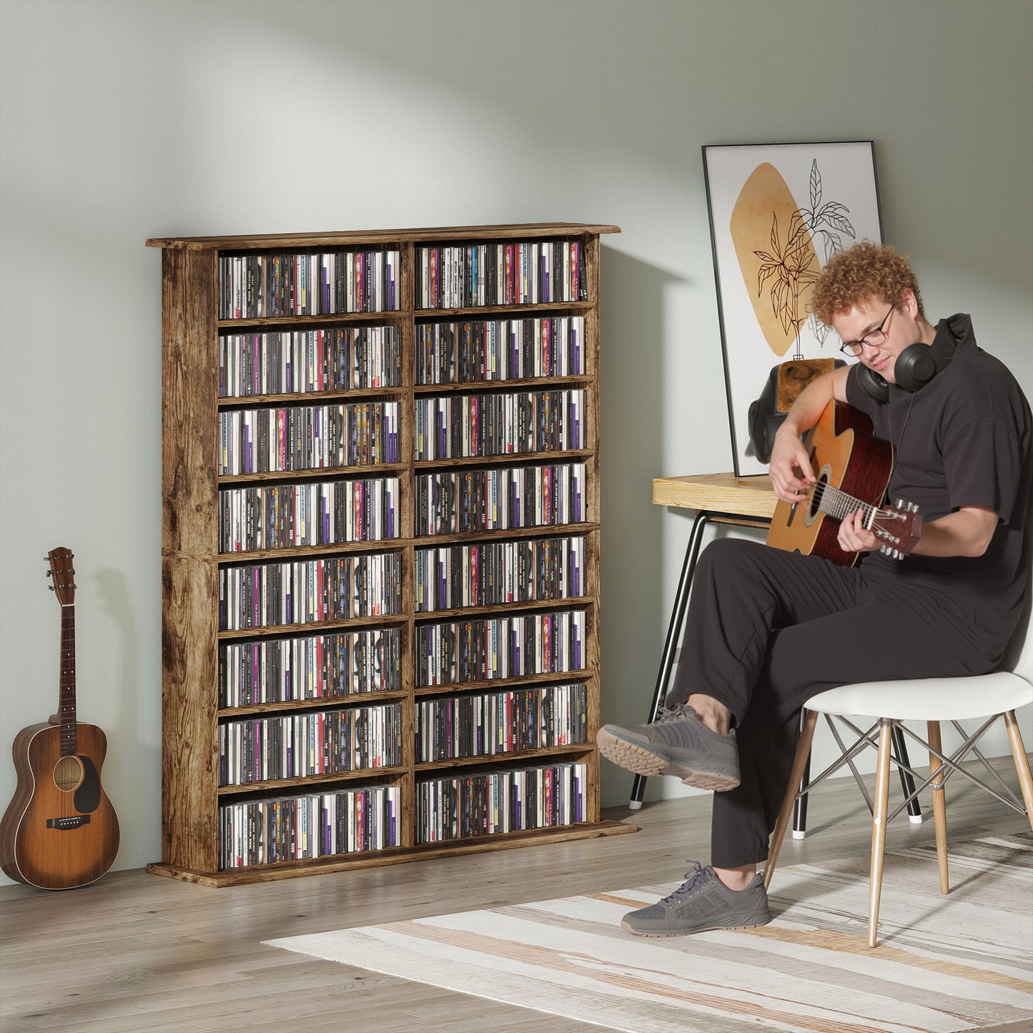 HOMCOM 16-Compartment Media Shelf - Rustic Brown