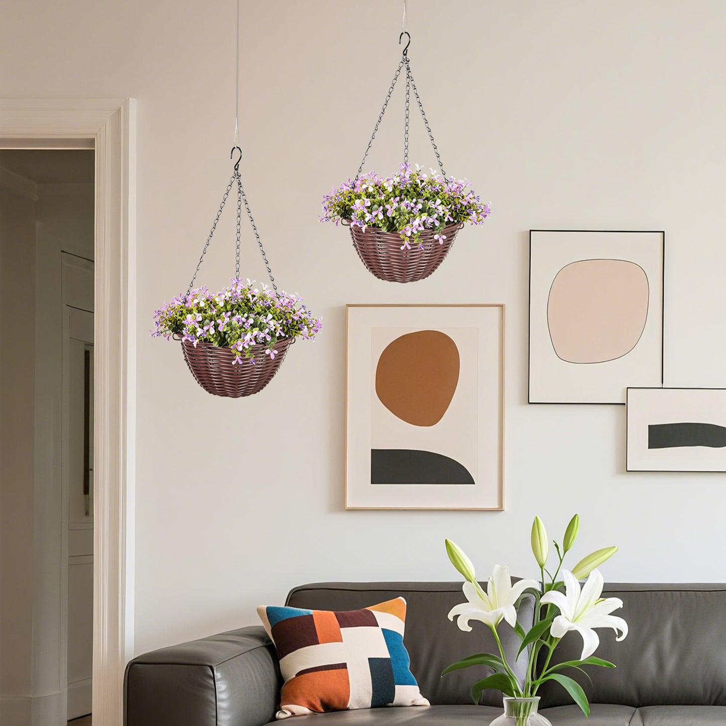 HOMCOM Artificial Flowers in Basket Set of 2, Artificial Hanging Baskets with 75 Leaves and 15 Flowers in Pot, Decorative Plant for Home Office Decor, Purple