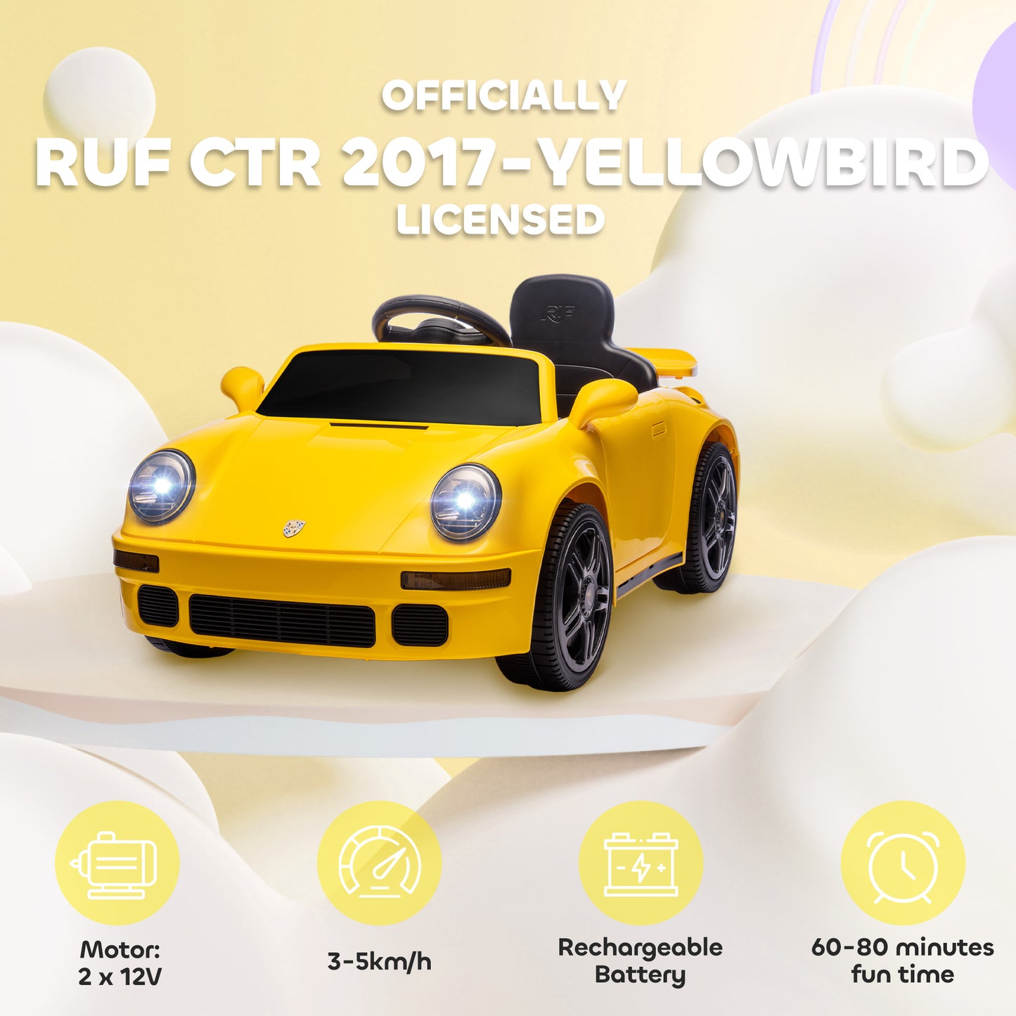 AIYAPLAY Licensed RUF CTR 2017-Yellowbird Electric Car for Kids, with Remote Control, Soft Start, MP3 Player, LED Lights, Yellow