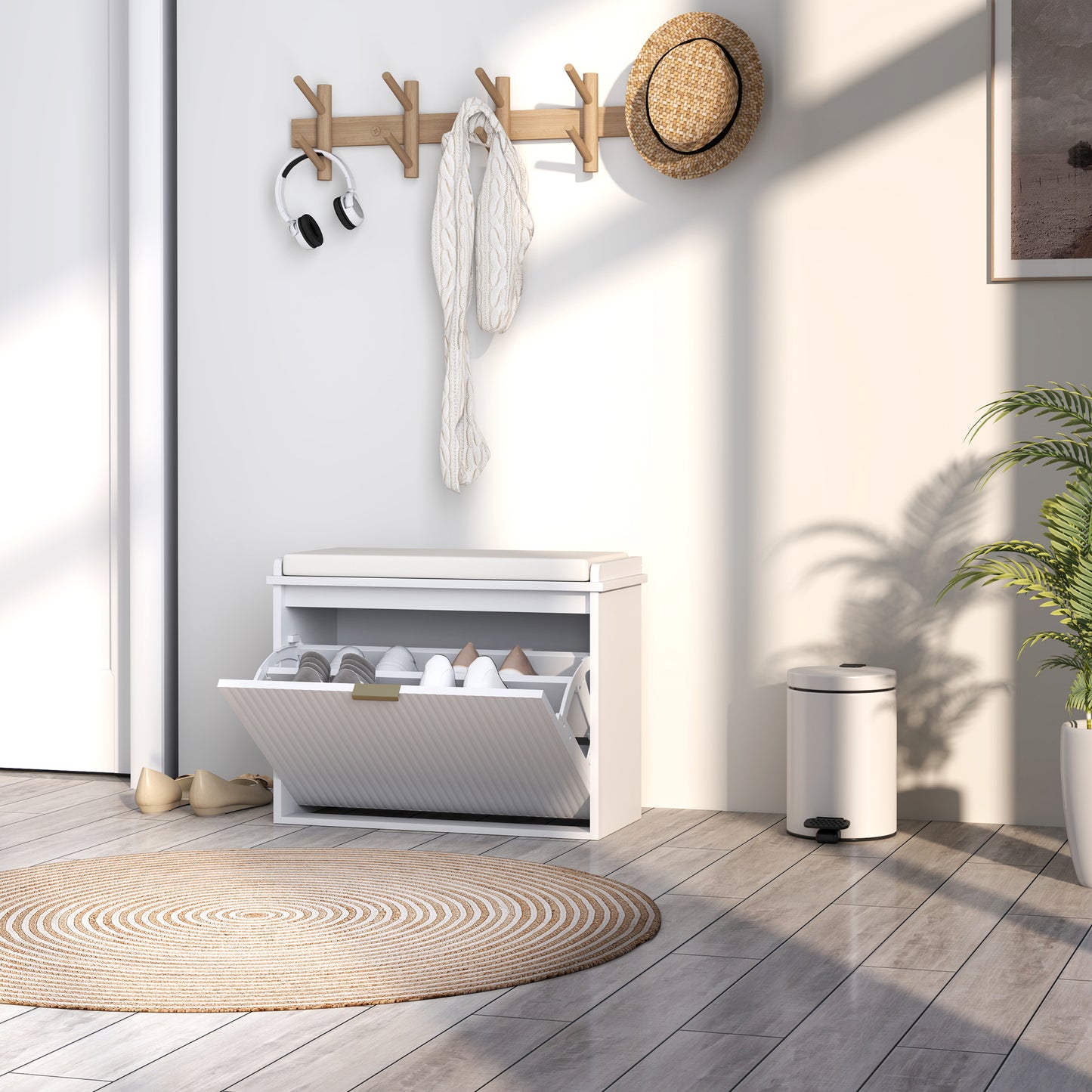 HOMCOM Elegant Six Shoe Bench, with Top Seat - White