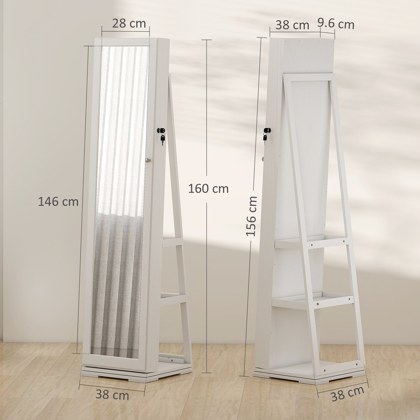 HOMCOM 360° Swivel Jewellery Cabinet, Free Standing Full Length Mirror with Storage, Lockable Jewellery Organiser with Built-in Makeup Mirror and Storage Shelves for Bedroom, White