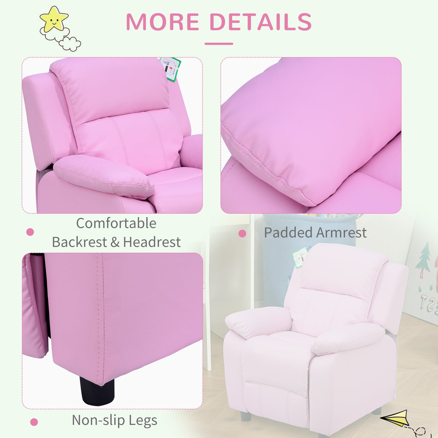 HOMCOM Kids Sofa Armchair Toddler Recliner Children's Chair Lounger Games Chair PU Leather w/ Storage (Pink)