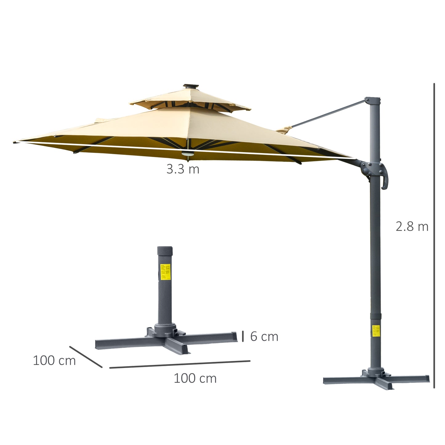 Outsunny 3m Cantilever Parasol w/ Solar Lights Power Bank Base 360° Spin Khaki