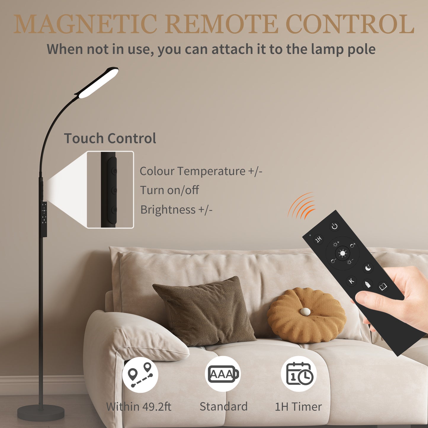 HOMCOM LED Floor Lamp, Standing Lamp with Remote & Touch Control, Stepless Dimmable Colours Temperature & Brightness, 360° Adjustable Gooseneck, 1 Hour Timer, Memory Function for Living Room, Black