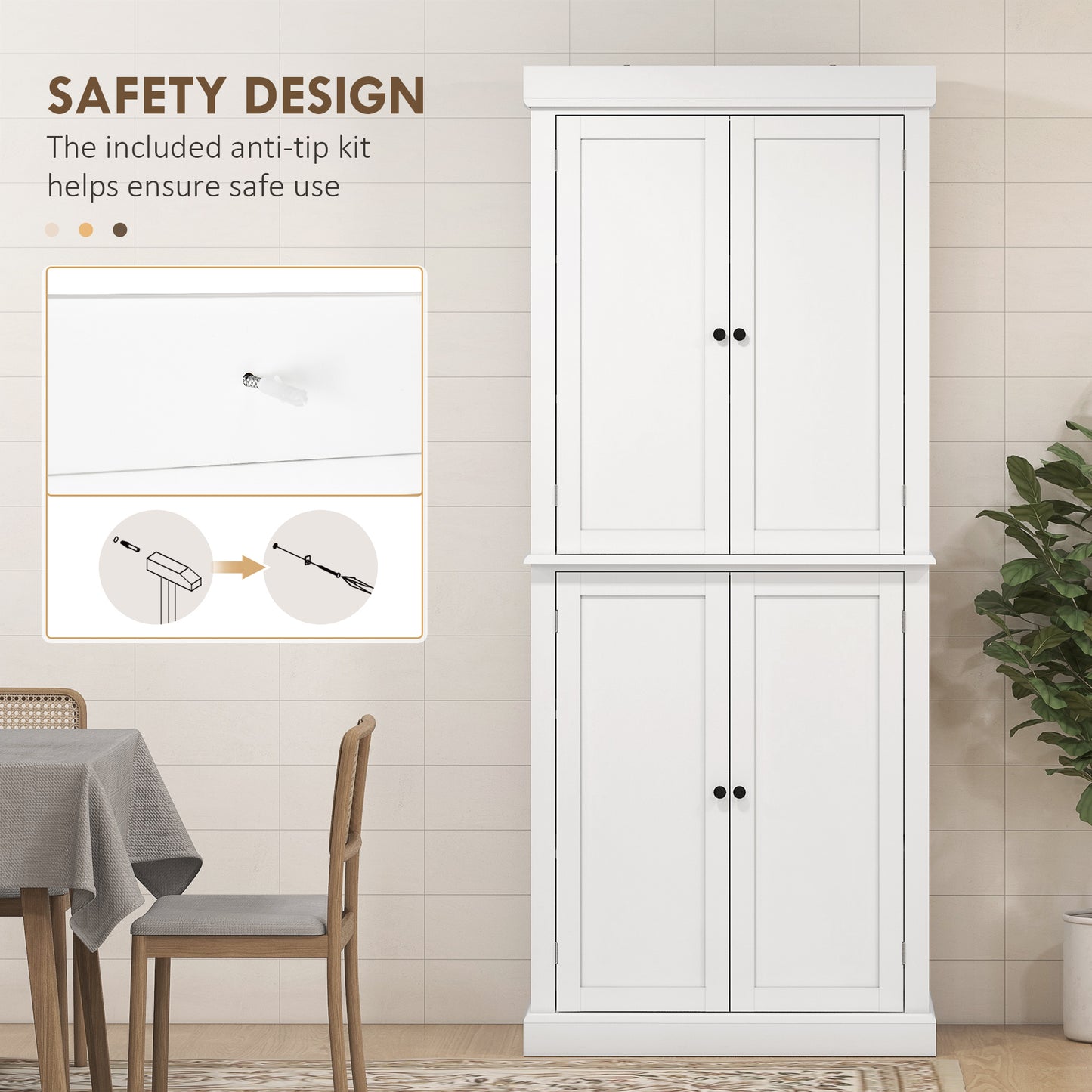 HOMCOM White Kitchen Cupboard with 4 Doors, Tall Design, Adjustable Shelves for Kitchen Storage, White