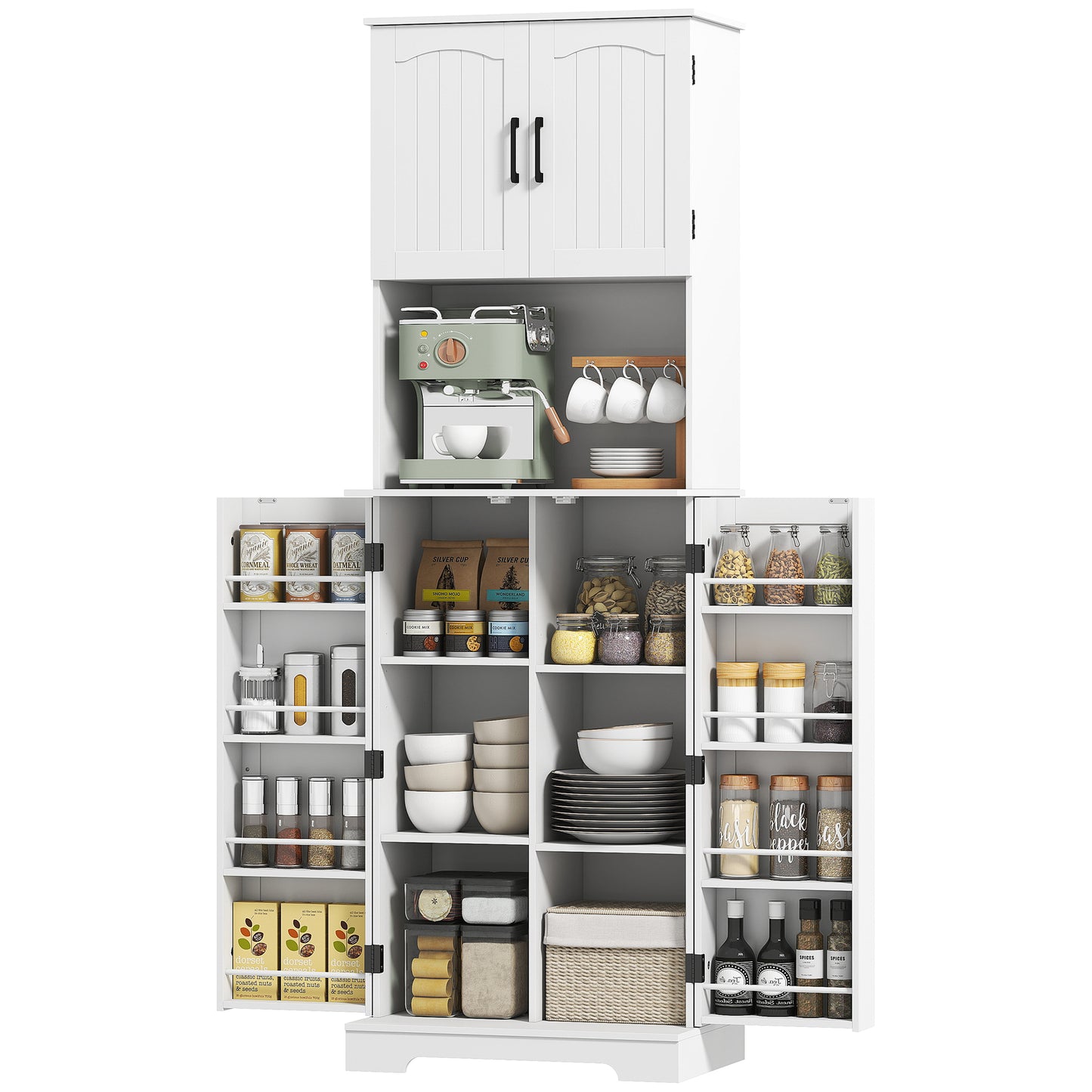 HOMCOM Tall kitchen buffet kitchen cabinet, 4 doors countertop 8 spice racks adjustable shelves 60x40x181.5cm white