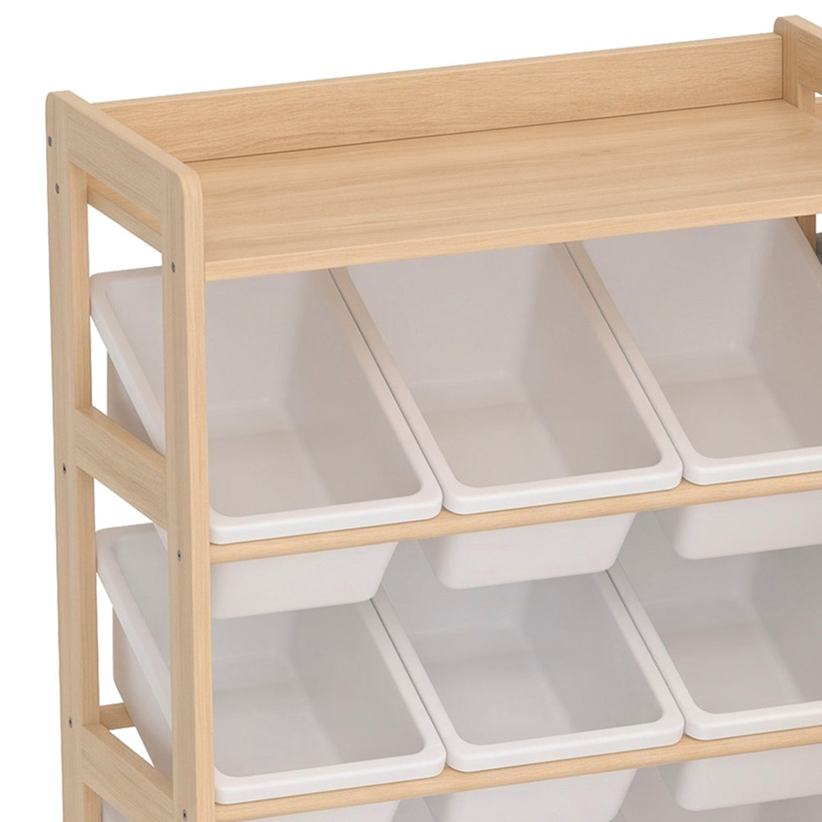 AIYAPLAY Wooden Toy Storage Unit with Rolling Toy Chest, 2 Fabric Drawers, 2 Shelves and 9 Bins for Bedroom, Playroom, Nursery