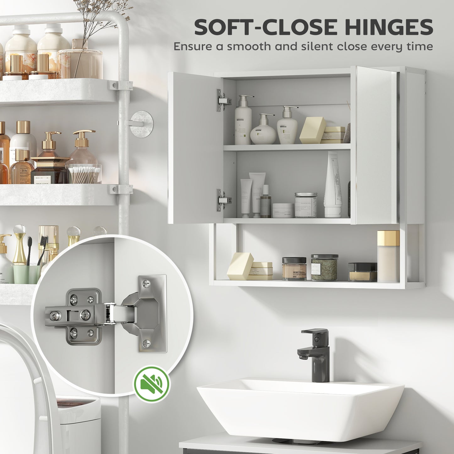 HOMCOM Bathroom Mirror Cabinet with Soft-Close Doors and Adjustable Shelf - White