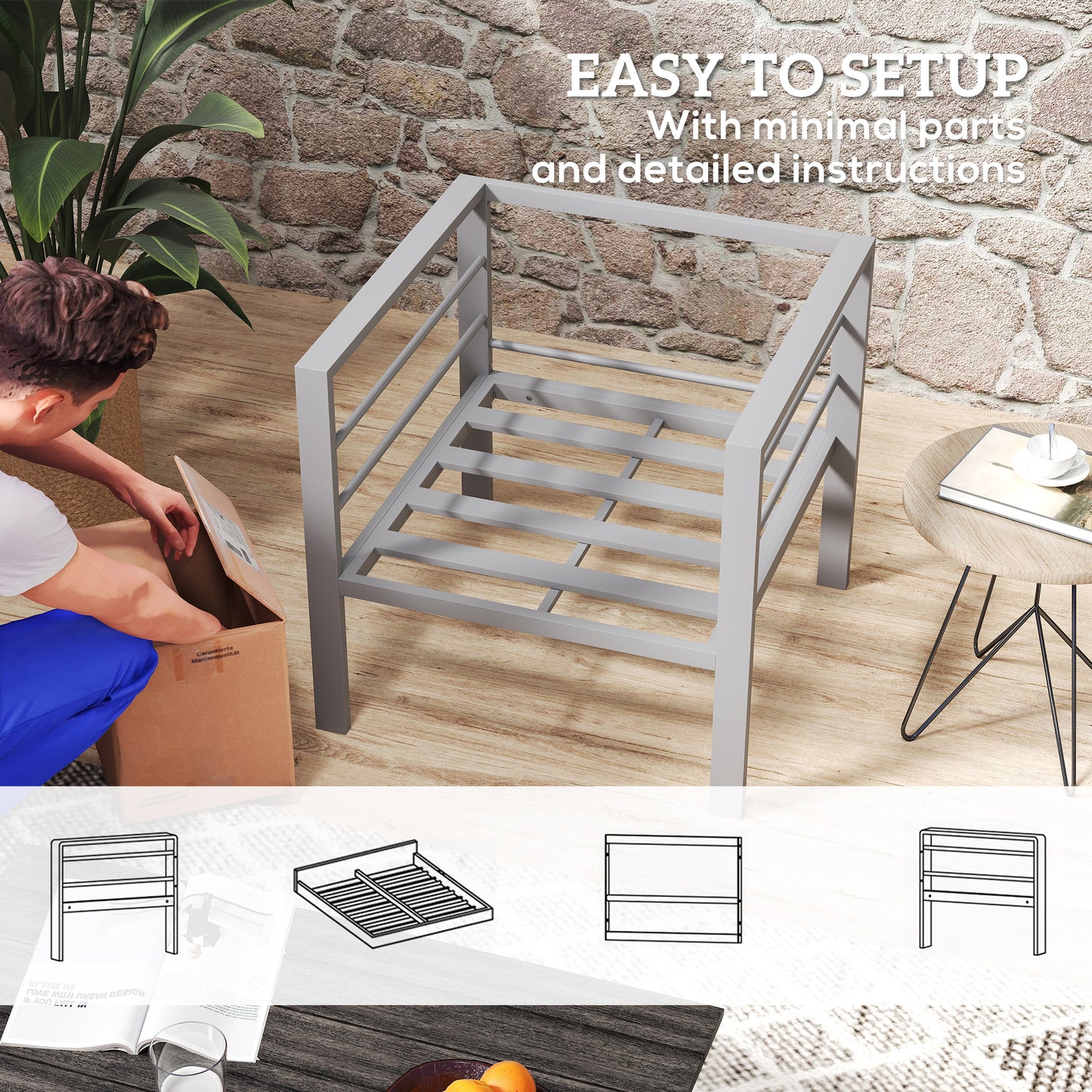 Outsunny Garden Sofa Set of 2, All-Weather Garden Sofa Set with Removable Cushions, Metal Frame Outdoor Furniture for Balcony, Charcoal Grey