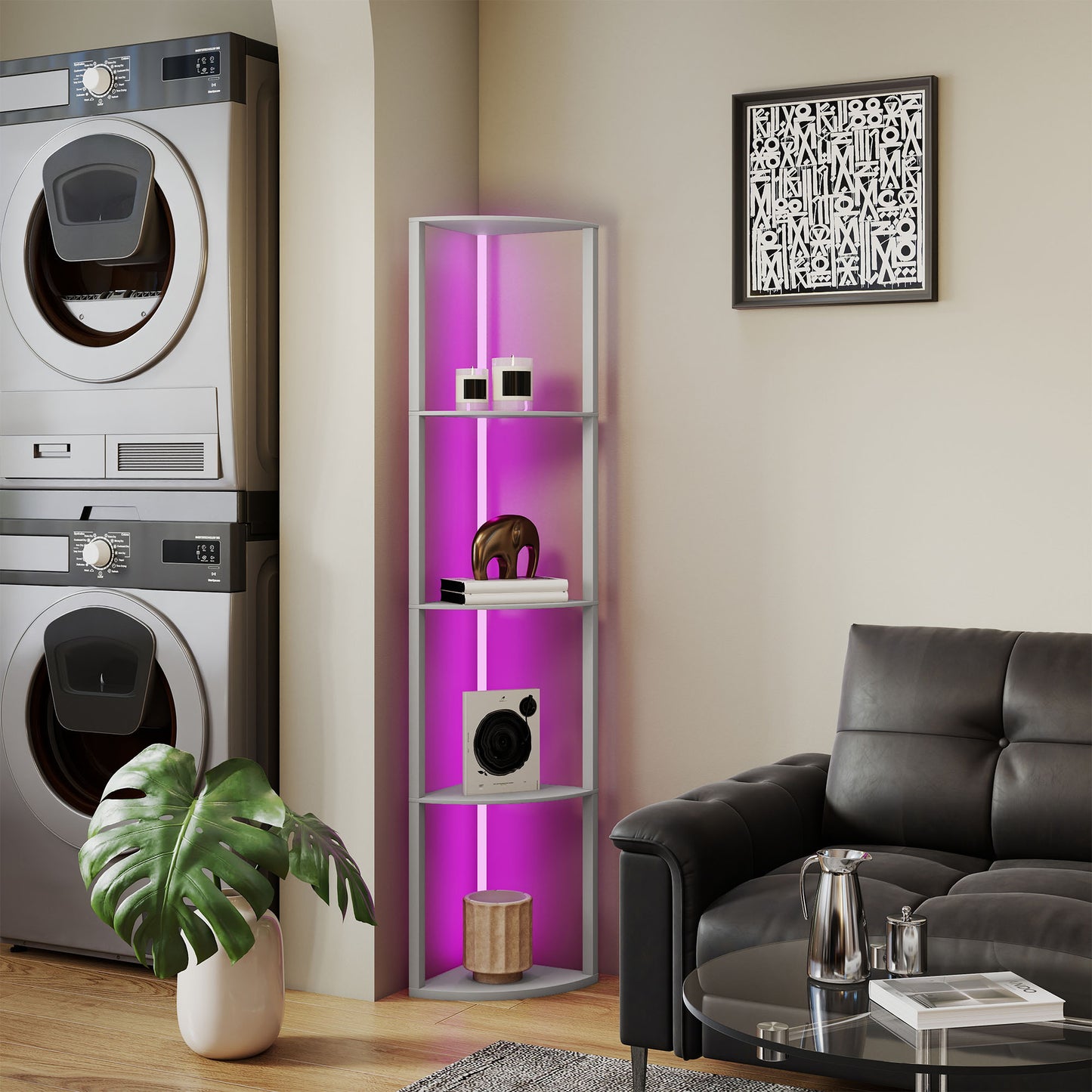 HOMCOM RGB LED Floor Lamp with Shelves, 5-Tier Dimmable Standing Lamp with Adjustable Brightness and Remote Control, Modern Corner Display Shelf Unit for Living Room Bedroom Office, Grey